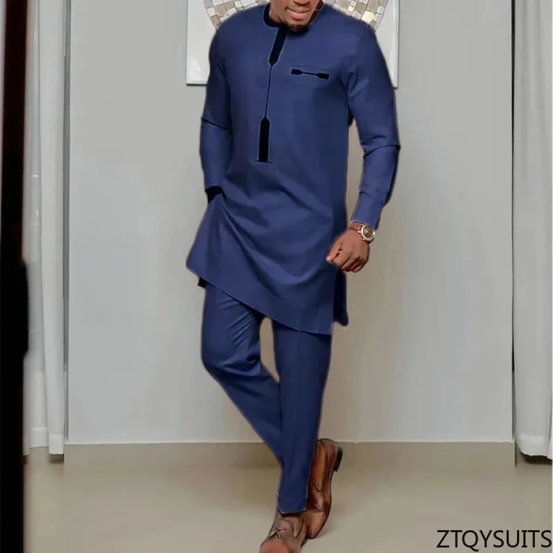 

New Dashiki Men's Set Blue Round Neck Long Sleeve Luxury Brand Men's Suit Casual Slim Fit Men's Set Wedding Evening Suit