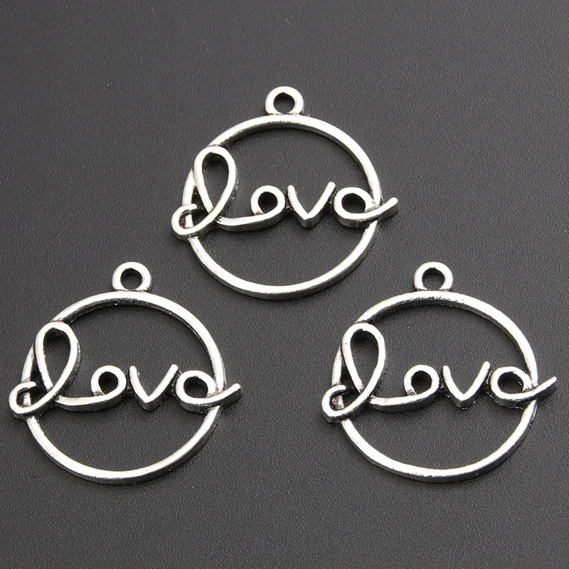 20pcs  Silver Color Round Hollow Love Charms Letters Inspire  Pendant Making Jewelry Accessories Craft Wholesale 26mm A3004 SALE