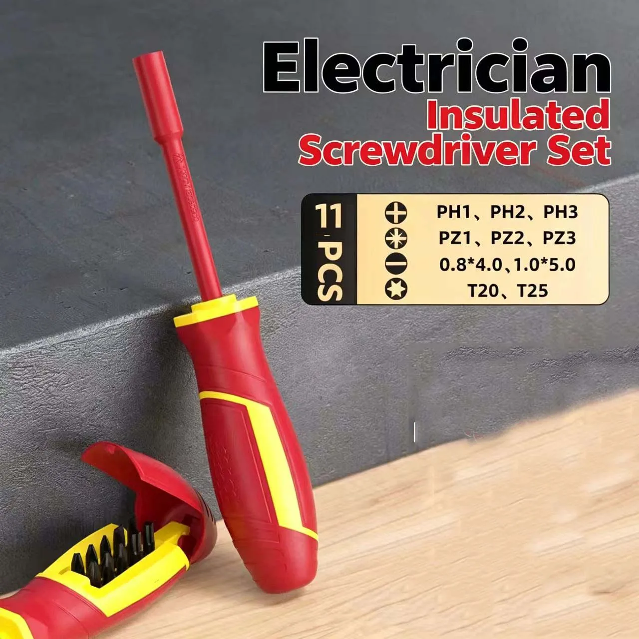 Electrical Insulated Screwdriver Set Rated 1000V with Magnetized Tips Compatible with Slotted For cross Bit Applications