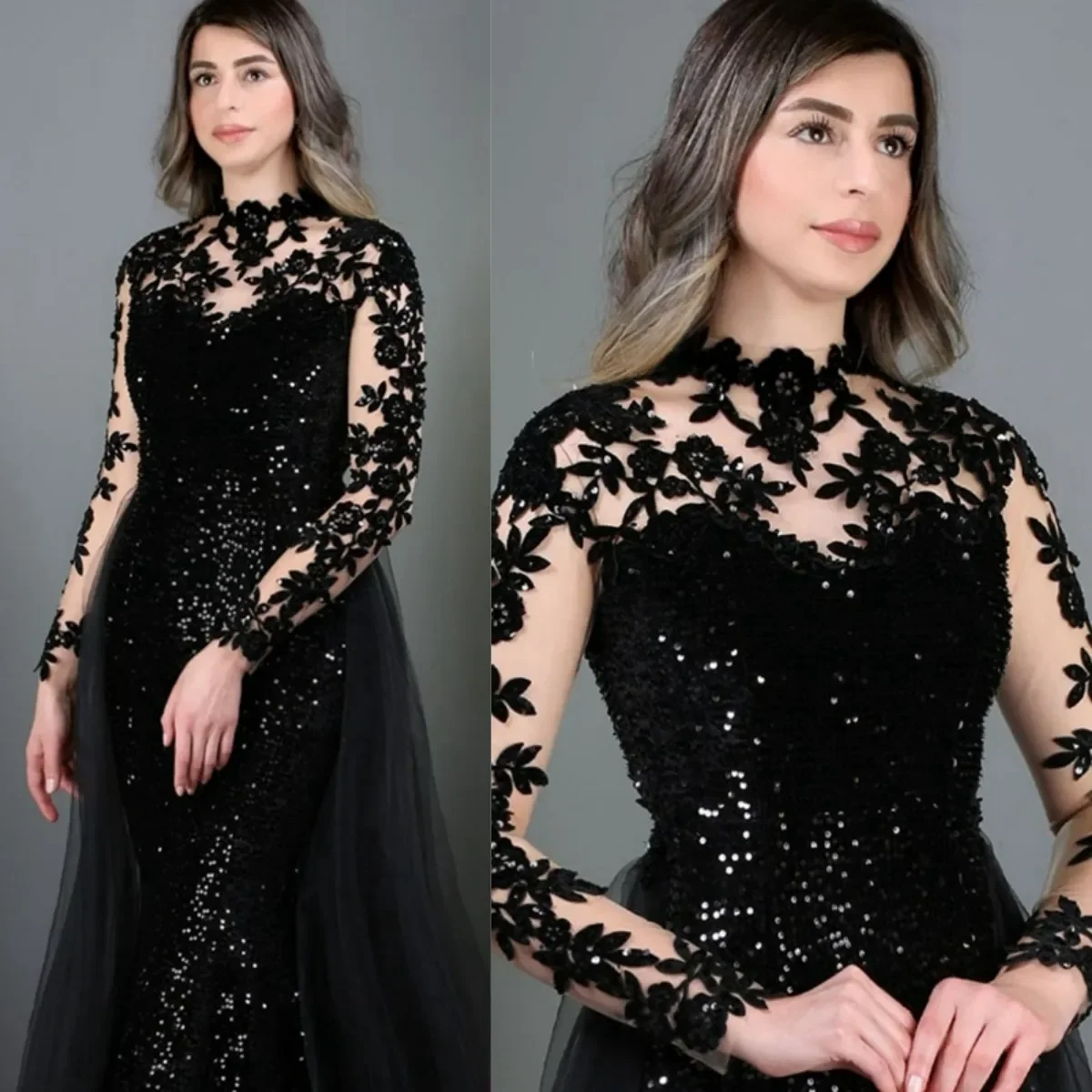 2024 Mother of the Bride Dresses With Detachable Train Formal Evening Gowns Sequined Lace High Neck Beaded Lace Party Wear