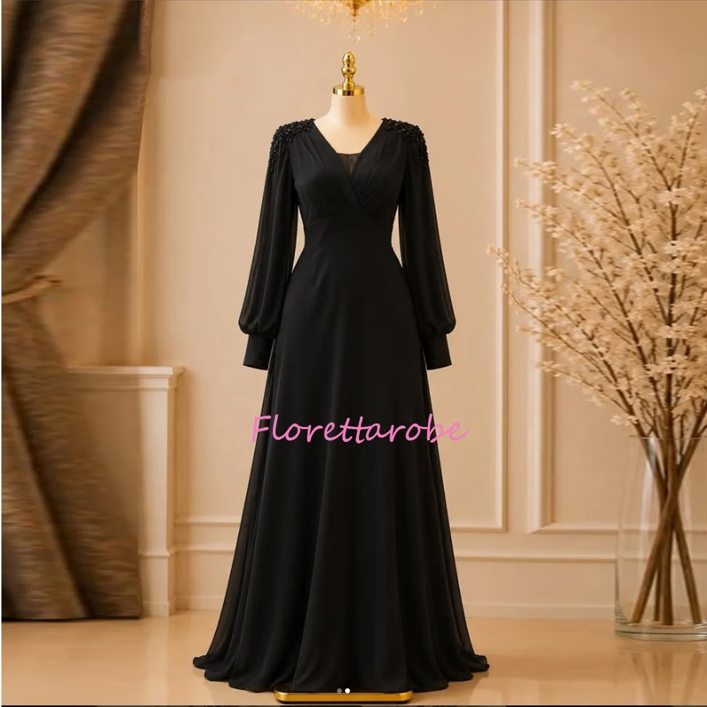 Vestido de Chifón para Madrina de Boda, Manga Larga, Cuello en V, con Cuentas y Apliques, Línea A, Largo hasta el Suelo, Personalizable