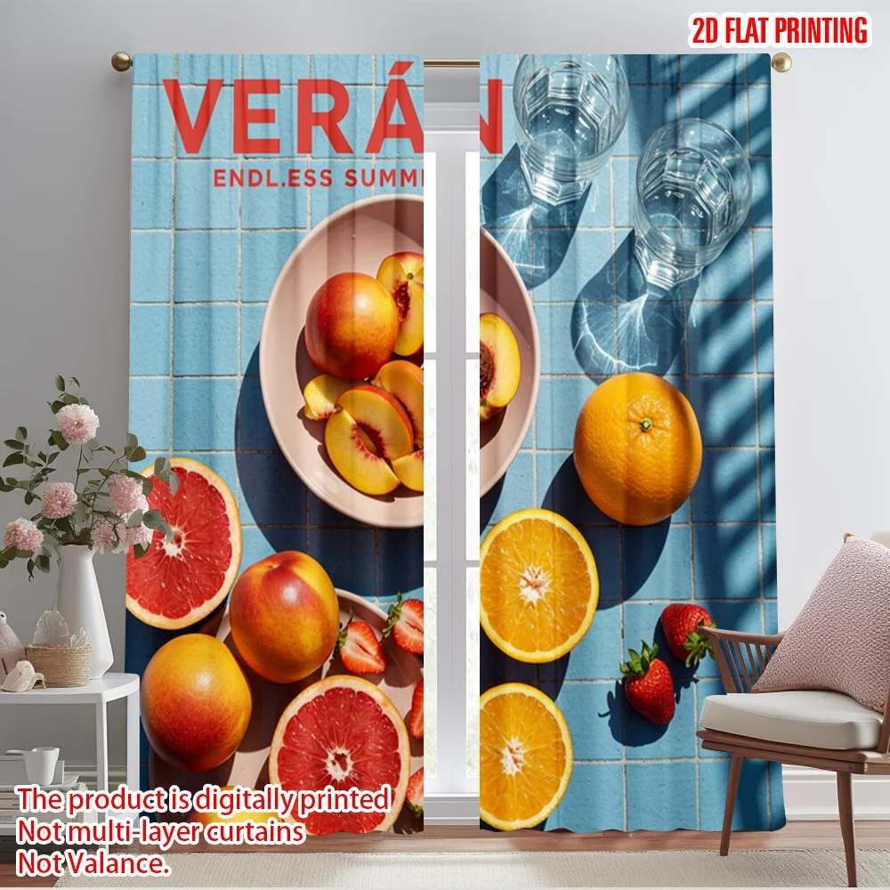 

2pcs 2D flat printing Window Curtains Verano Endless Summer Fruits Polyester Without Electricity Festive Holiday Perfect for