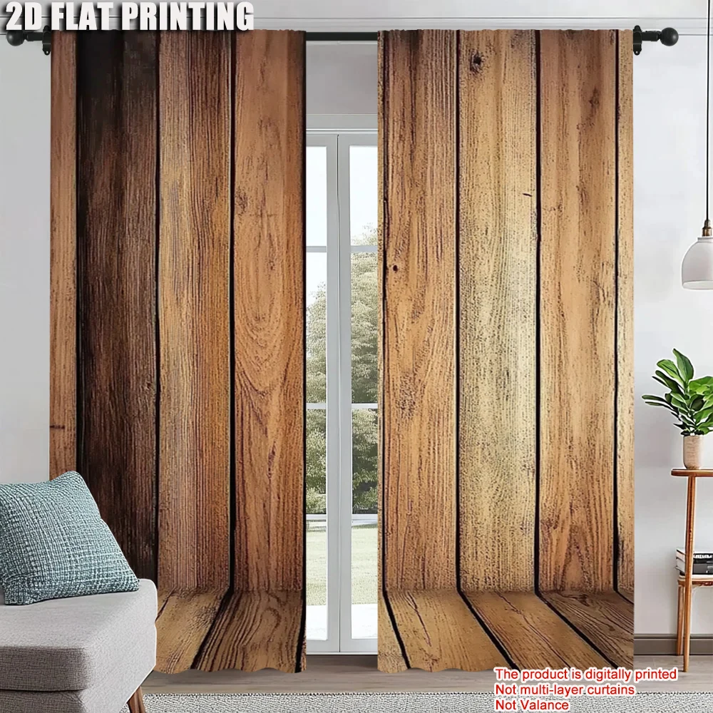 

2Pcs Rustic Brown Wood Printed Window Curtain Modern Rod Pocket Curtains For Living Room Privacy Easy Machine Washable Stylish