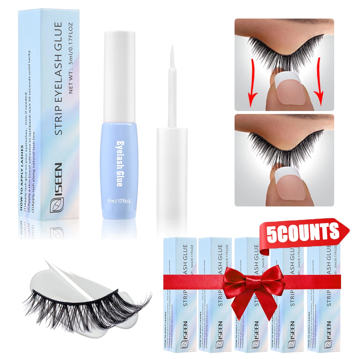 Tira adhesiva para pestañas, adhesivo para pestañas de sujeción fuerte, resistente al agua, pegamento para pestañas de larga duración de 48 horas, sin látex, hipoalergénico (paquete de 5)