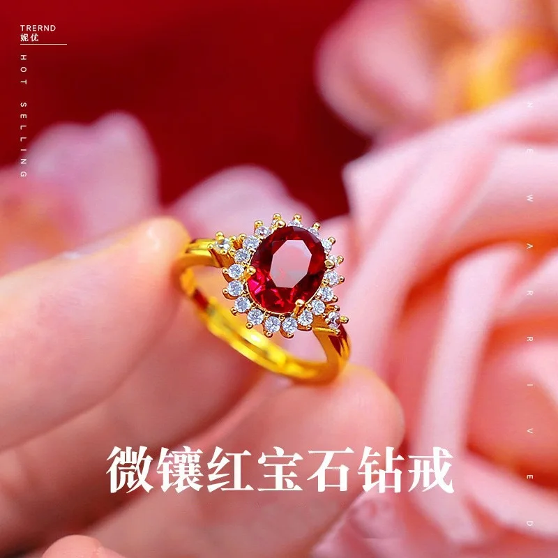 9999 24K pure gold garnet gold ring with natural red crystal inlay and adjustable opening women's gold jewelry ring