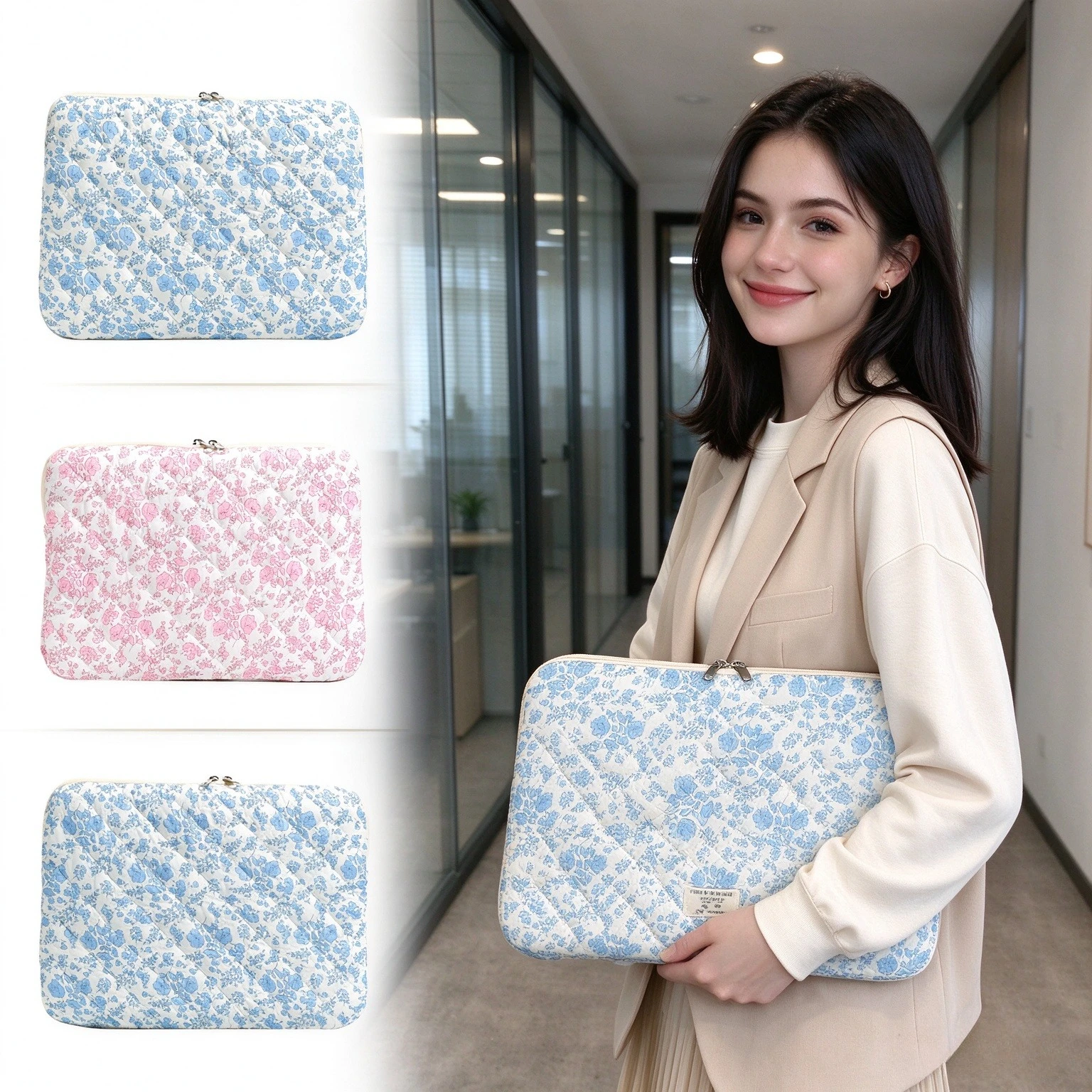Pink Ditsy Floral Quilted Laptop Bag with Handle, Zipper Shockproof Notebook Sleeve Set of 3, Computer Cover for Women Girls