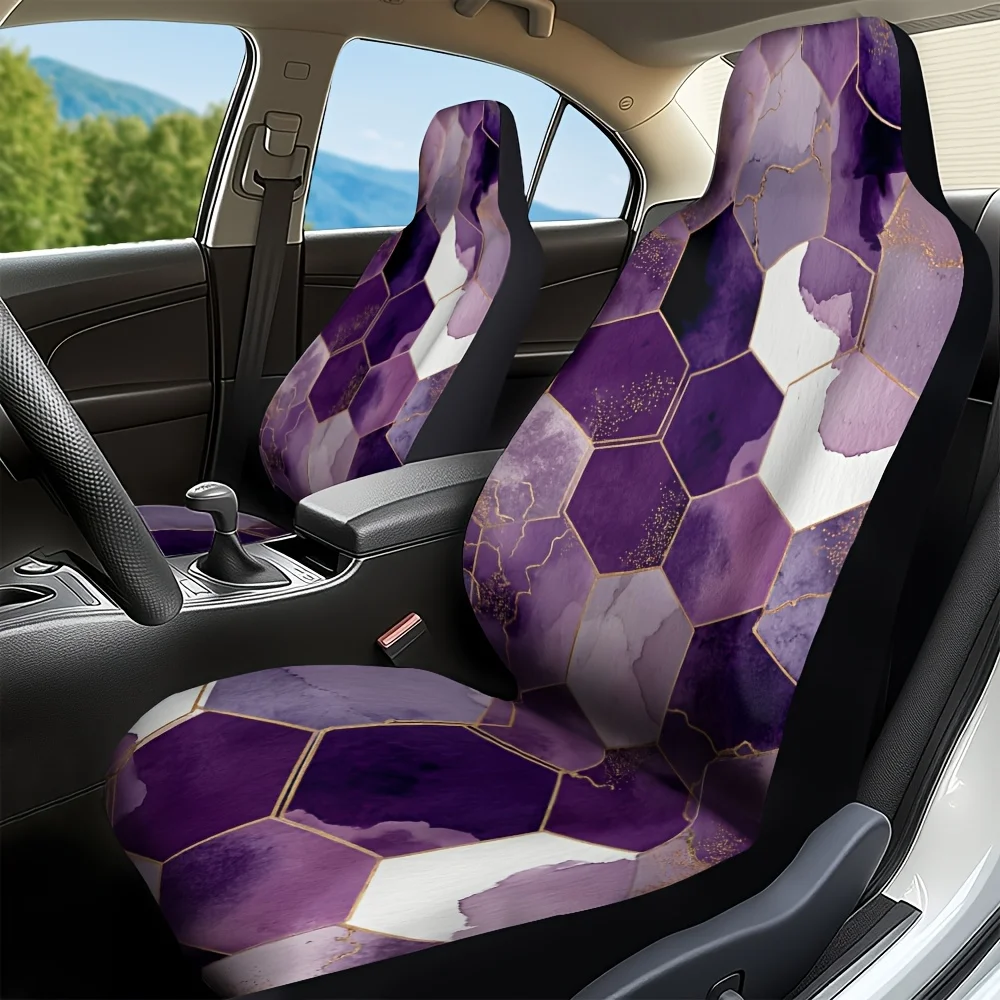 2pcs Elegant Purple Geometric Hexagon Car Seat Covers - Durable, Comfortable, Machine Washable, Polyester Fiber, Fit For Driver