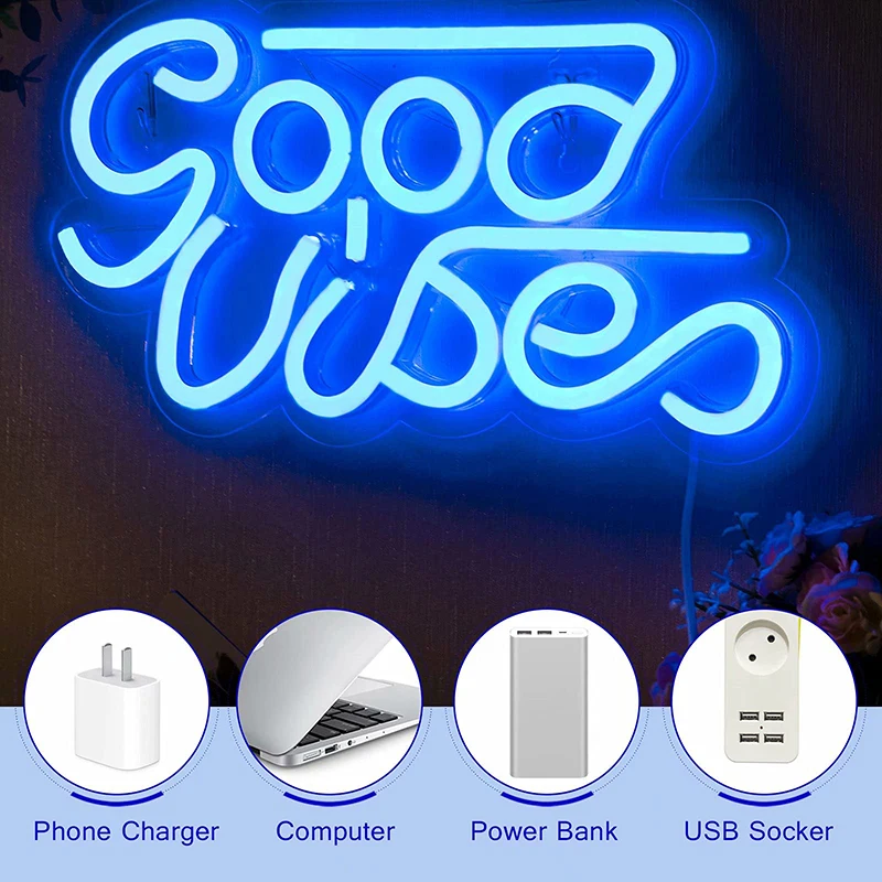 Good Vibes Letter Neon Night Light Sign Lips Wall Art Sign Lamp Battery  USB Powered Wedding Party Home Decor Xmas Birthday Gift