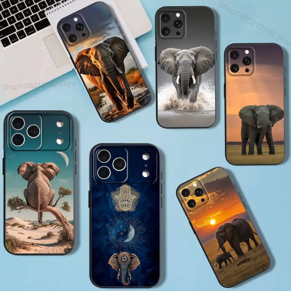 Enorme funda de teléfono con estampado completo de elefantes A-Animal para iPhone 11,12,15,16,17,13,14,Pro,Max,Plus,E,Mini,Air,SE4, funda suave negra