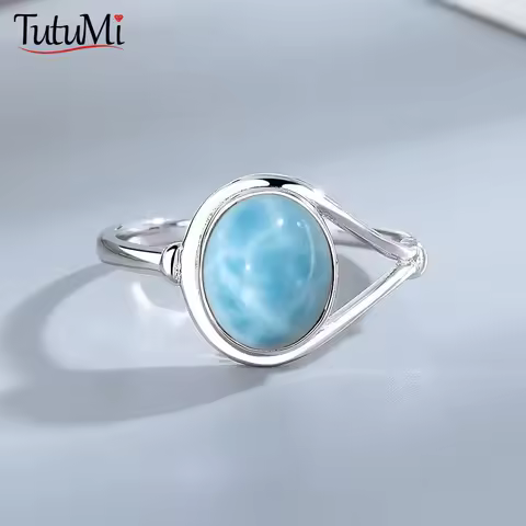 Vintage 925 Silver Natural Larimar Stone Ring Round Flower Shape Sky Blue Sea Water Ring Fine Jewelry Ring Gift For Women Men