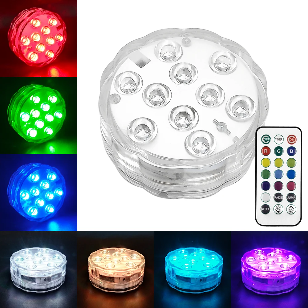 10 LEDs Led Submersible Light Underwater Night Lamp with Remote Control Battery Operated Garden Swimming Pool Light for Wedding