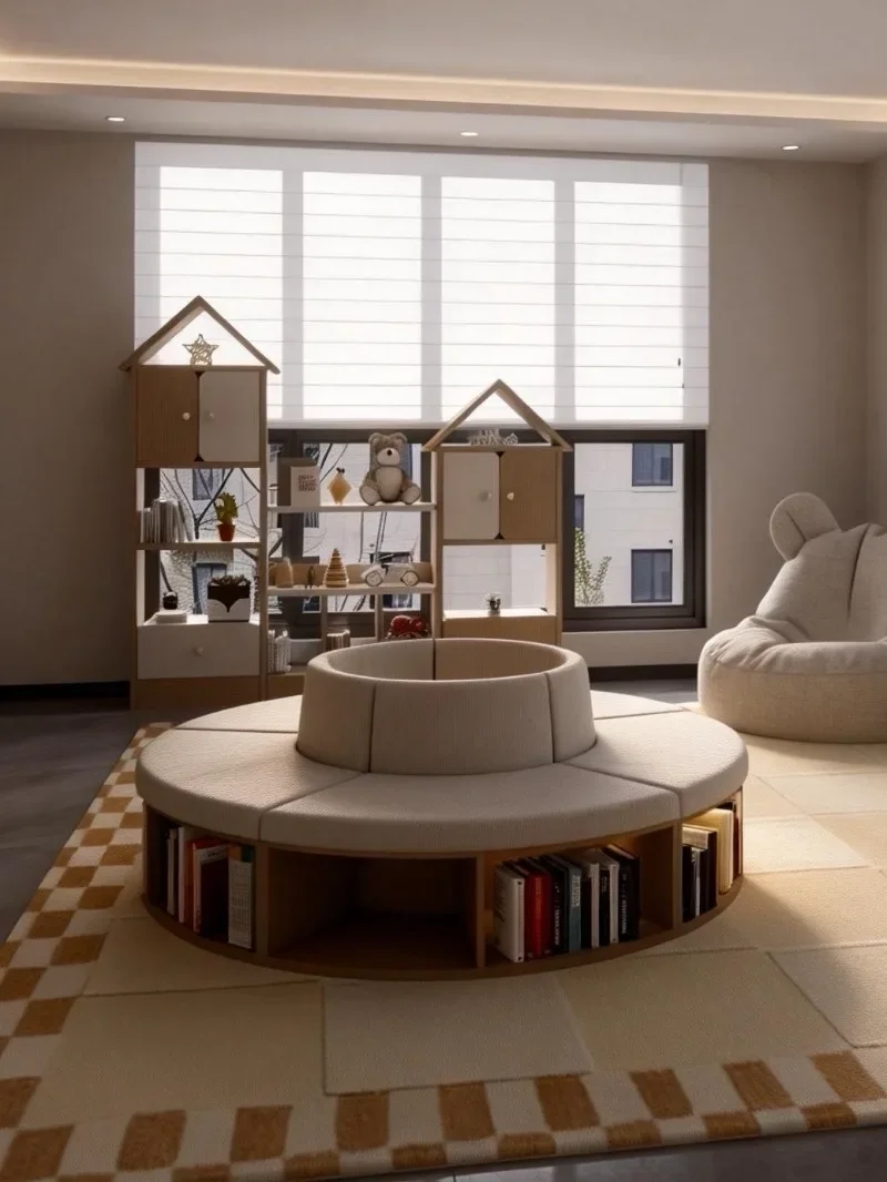 Community reception reading area Library castle bookshelf, soft bag bookcase, solid wood storage sofa