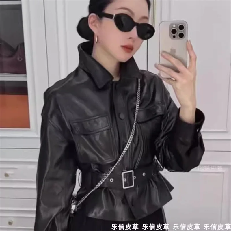 Giacca in pelle Giacche da donna Primavera e autunno Moda Risvolto Cintura monopetto Moda Breve Bellissimo cappotto in pelle Donna