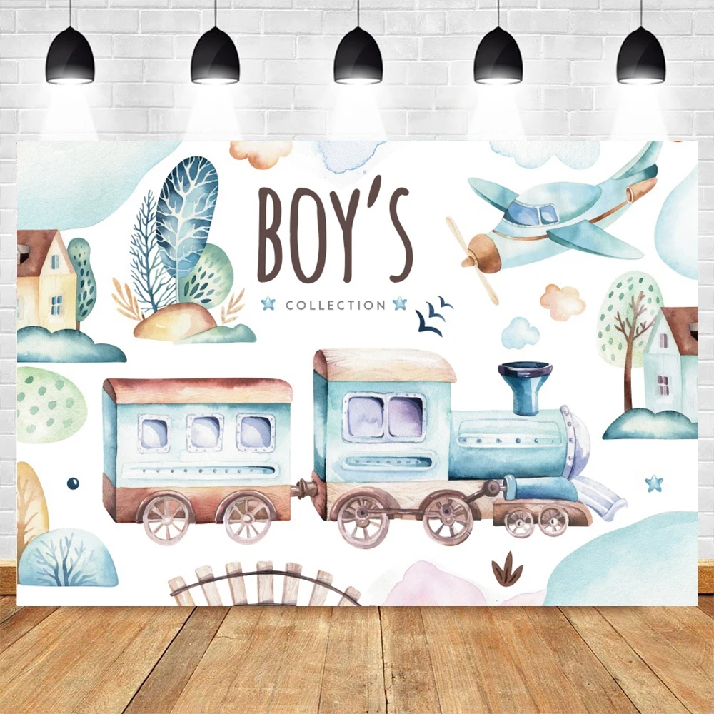 วันเกิดเด็กเครื่องบินฉากหลังเครื่องบินผจญภัยรถ Hot air บอลลูนเมฆ Baby Shower Birthday Party ภาพพื้นหลังสตูดิโอ