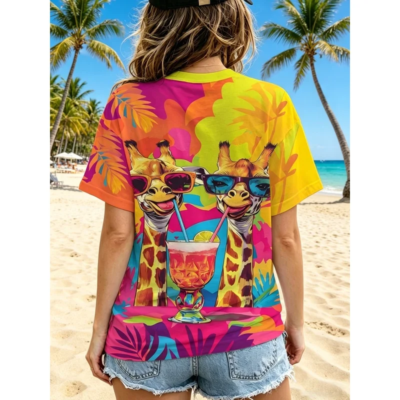 New Summer Women's Tops Rainbow Island Style Printed Short Sleeve Shirt T Shirt  LadiesTShirt
