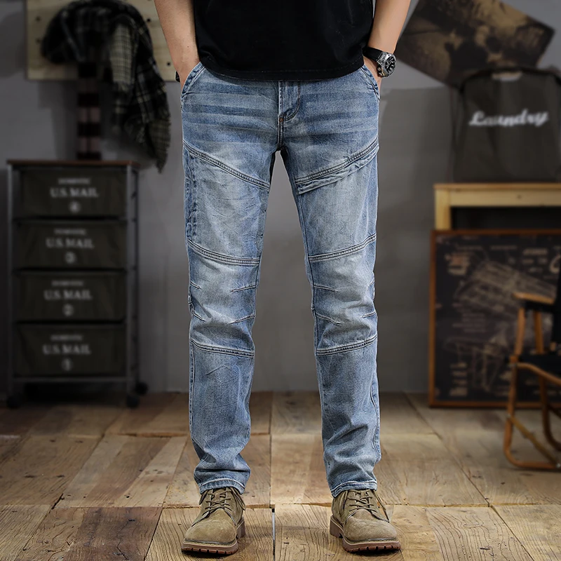 

Street Washed White Men's Jeans Summer 2024 New Men's Stitching Design Cat Beard Slim Straight Long Pants