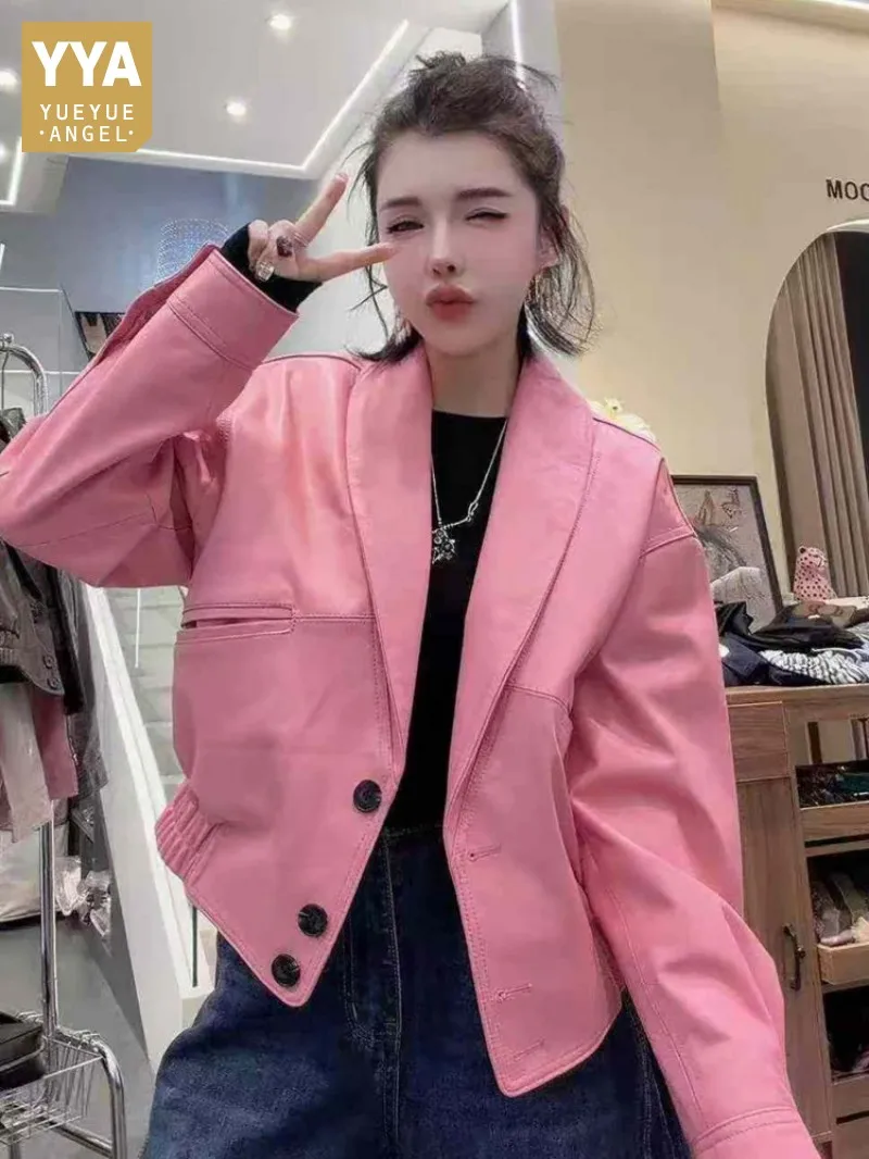 

Women Fashion Pink Sheepskin Short Jacket V-Neck Genuine Leather Outerwear Office Ladies Motorcycle Coat Loose Suit Collar Coats