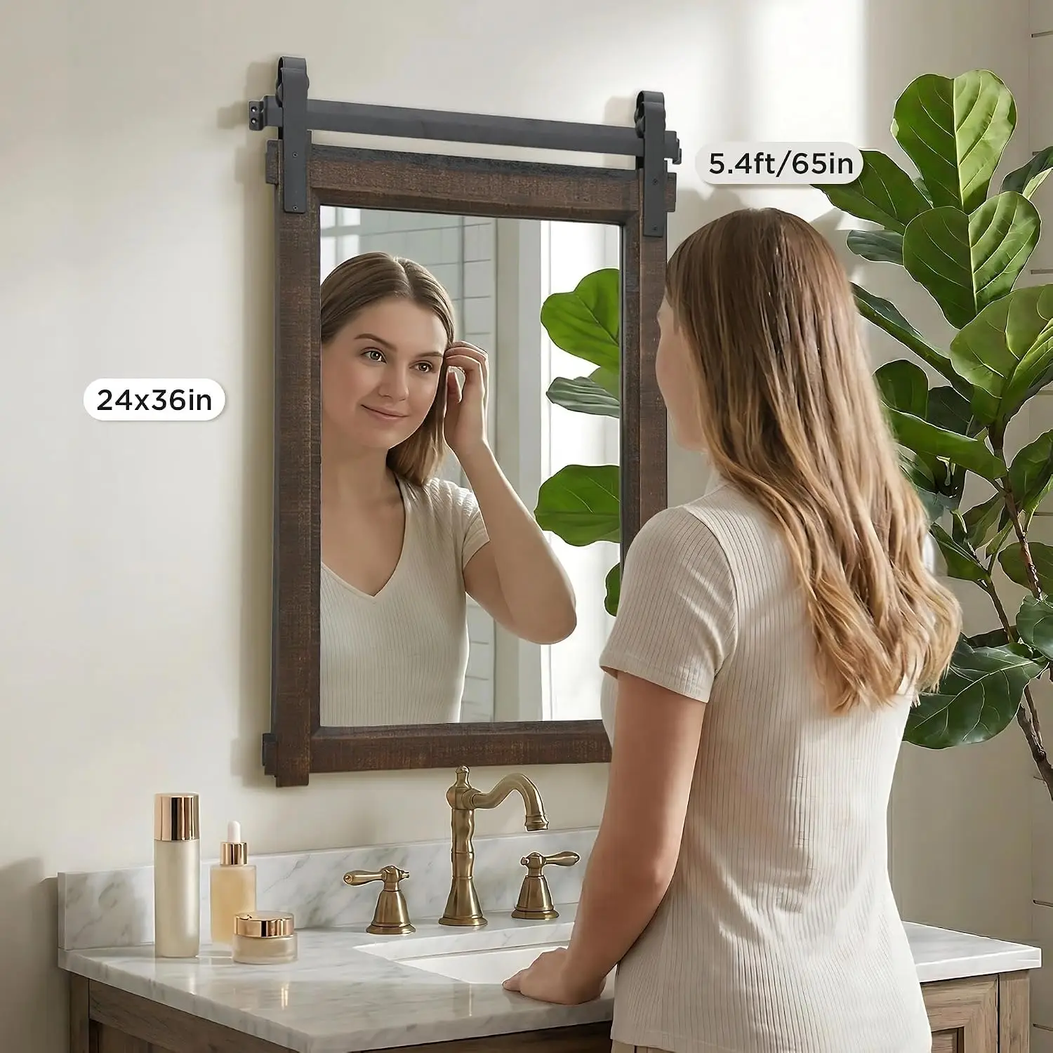 Rustic Brown 24X36 Barn Door Vanity Mirror Solid Wood Frame No Assembly Decor Space Bathroom Entryway Living Room Sink Remodel
