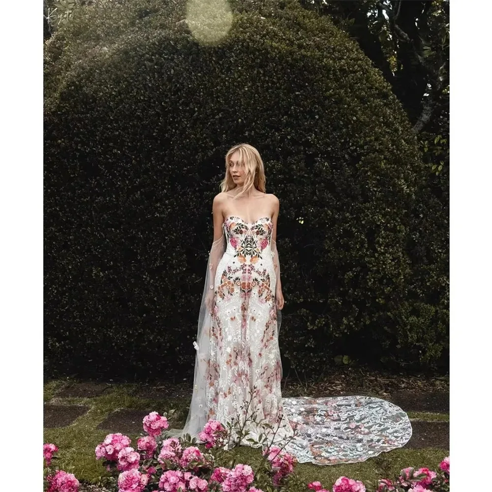 

Elegant Off Shoulder Colorful Floral Embroidery Wedding Dresses Puffy Sleeves Customized Low Back Bridal Gowns