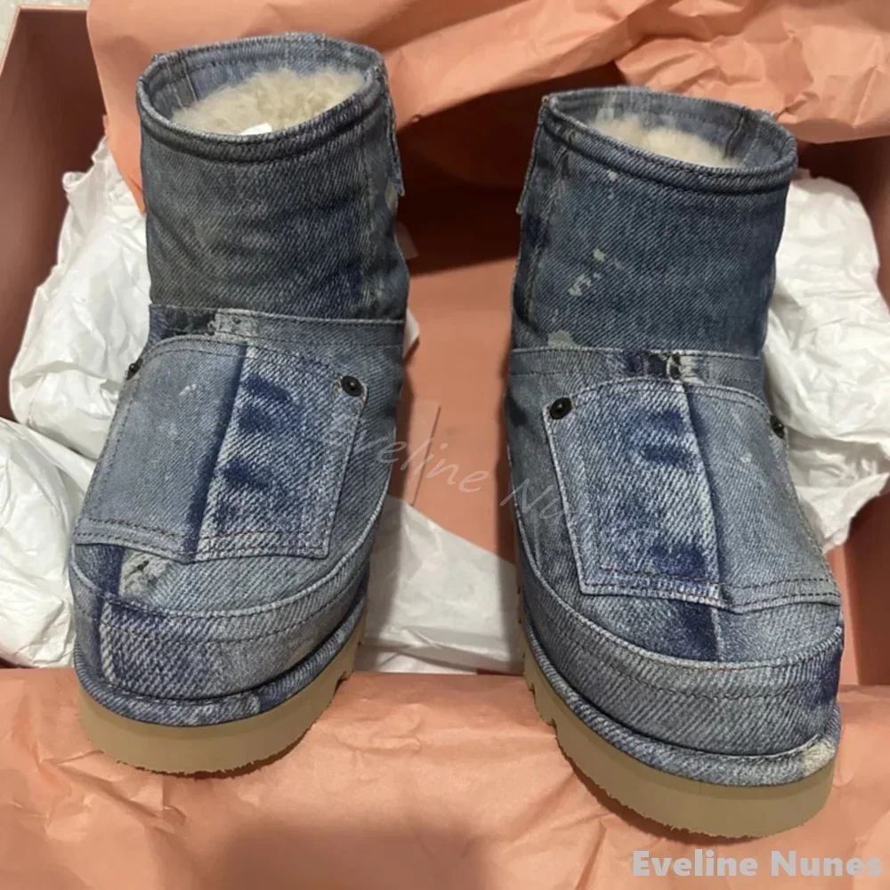 Plush Retro Denim Snow Boots Women Round Toe Thick Sole Slip On Anti-slip Mid Calf Boots 2025 Winter Warm New Fashion Short Boot