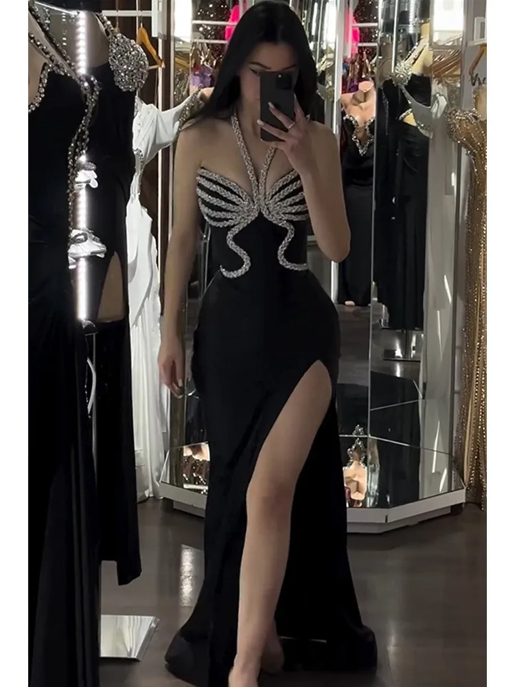 

New Luxury Sexy Backless Halter Diamonds Sparkly Black Maxi Long Women Celebrity Dress 2024 Elegant Party Evening Club Vestido