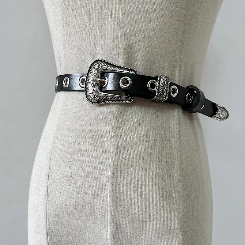 Ceinture en cuir véritable pour femme, ceinture réglable, œillet double simple, structure en métal, ceinture noire, jeans punk rock, mode