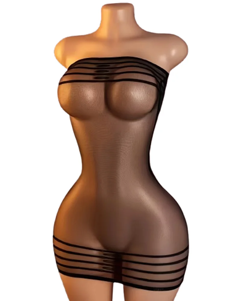 1 Piece: Sexy black sheer sleeveless striped mesh mini-dress/bodysuit with open-crotch design—perfect for rave parties.