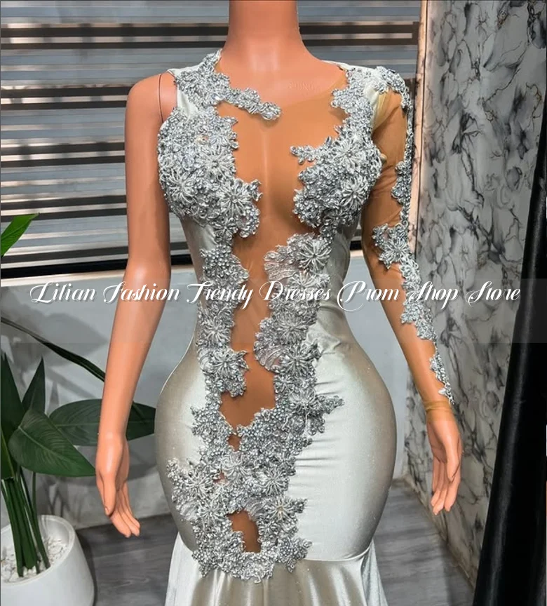 Delicate One Shoulder Sleeve Prom Dress Silver Elegant Diamante Applique See Mesh Party Customized вечернее платье женское