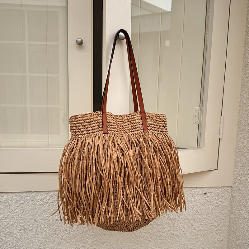 

Casual Tassel Woven Women Shoulder Bags Handmade Fringe Lady Handbags Summer Beach Large Tote Bag Big Shopper Purse for Vacation