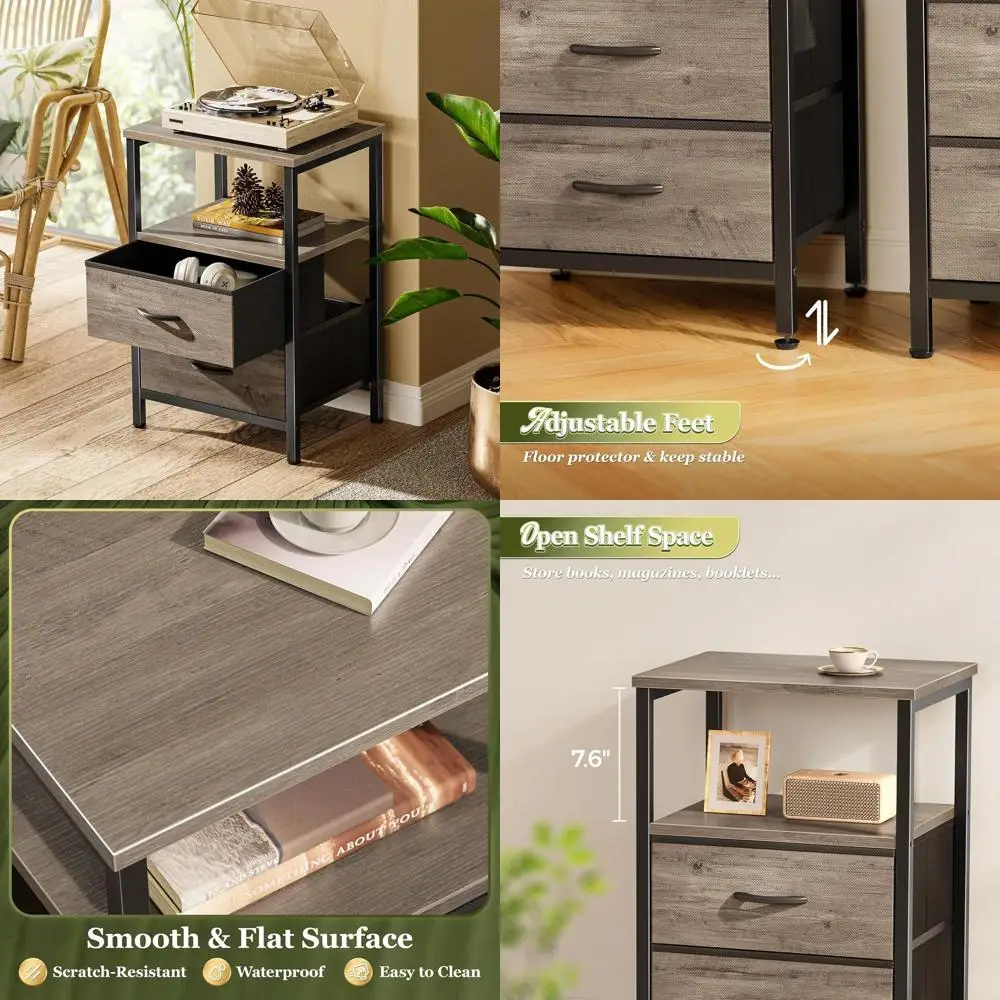 

Pair of Wooden Nightstands: 2-Drawer Bedside Tables with Open Shelves, Oak Print Surface, Fabric Drawers, Ideal for Bedroom Use