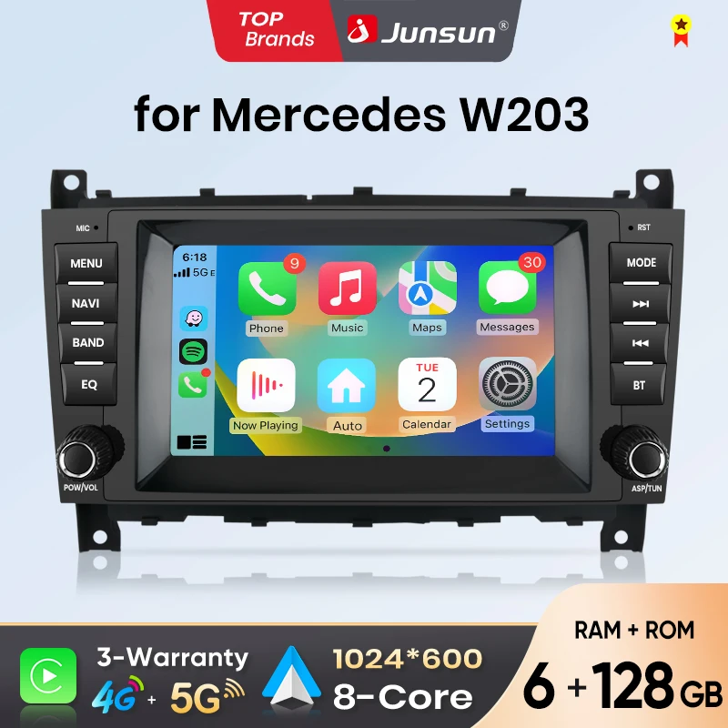 Autoradio Junsun 7" con CarPlay Wireless e Android Auto per Mercedes Benz Classe C W203 CLC CL203 CLK W209 W219 2004-2011, sistema multimediale intelligente con Apple CarPlay wireless, schermo IPS