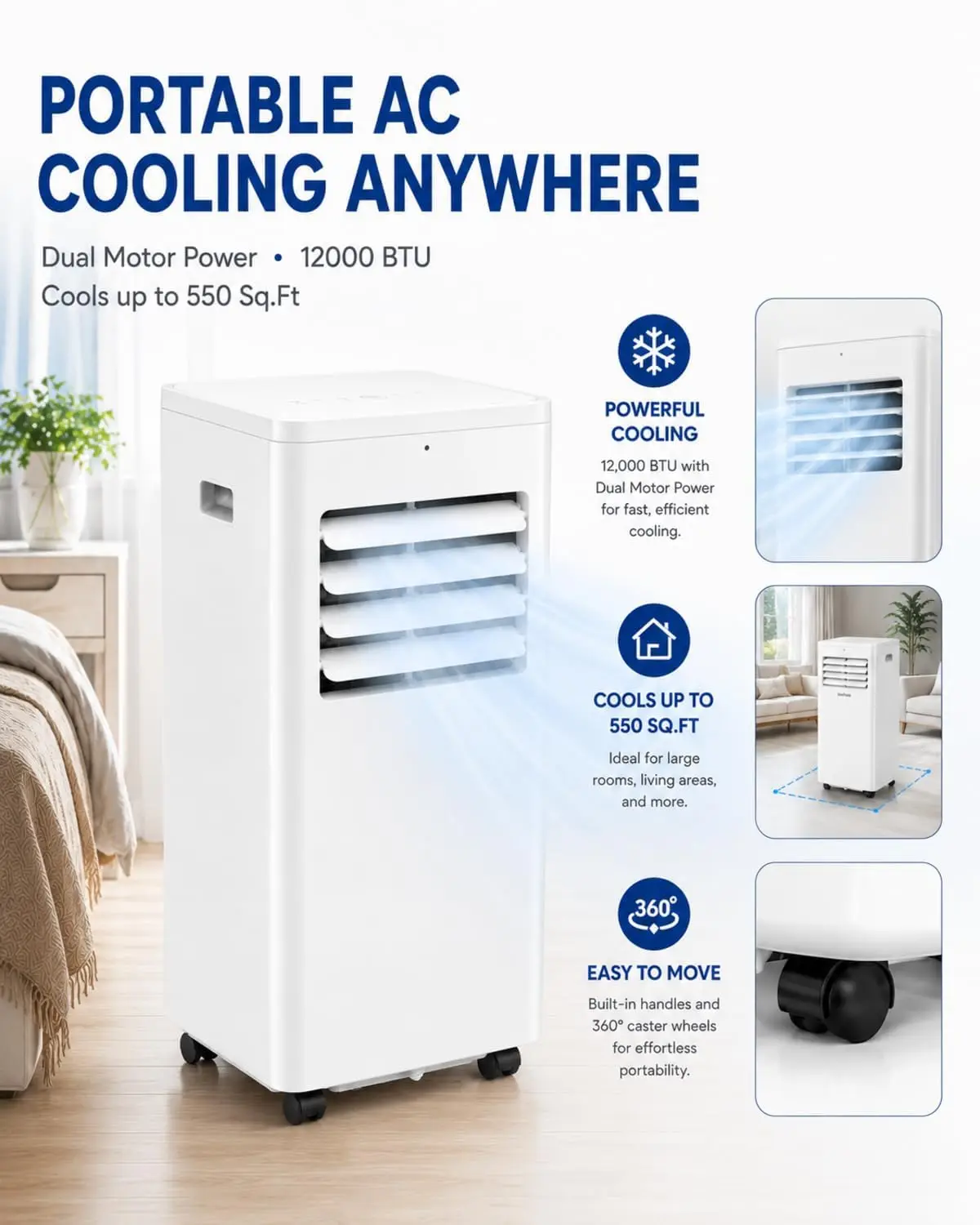 12000 BTU Portable Air Conditioners, 3-in-1 AC Unit Cools Up to 550 Sq.Ft. with Remote Control/Smart Sleep Mode/24Hrs Timer/Wind