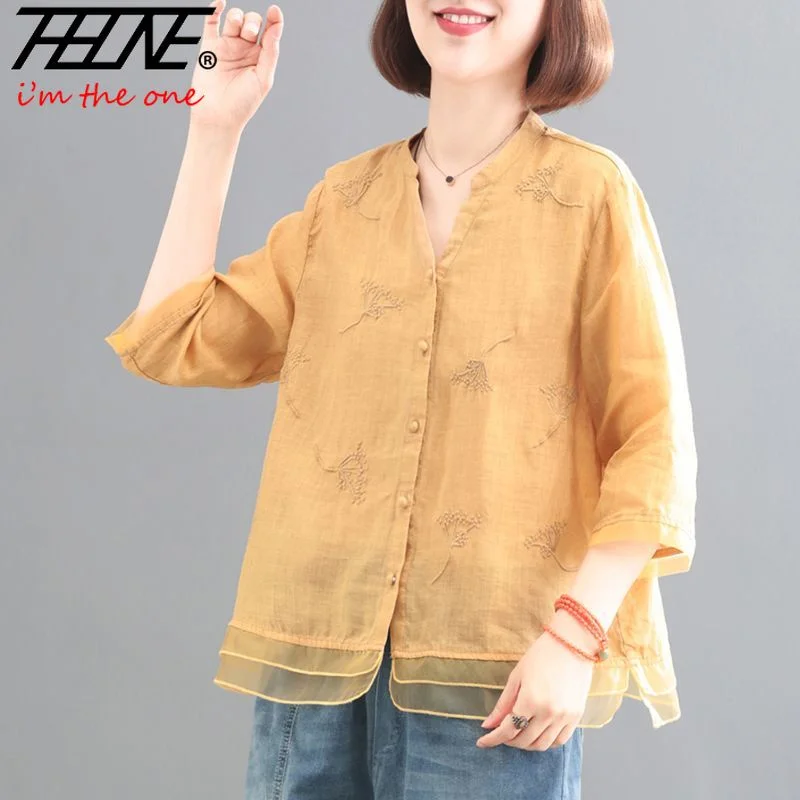 Summer Women\'s Clothing Shirts Blouse Blusa Mujer Casual Camisas Vintage Cotton Linen Button Solid Embroidery Chinese