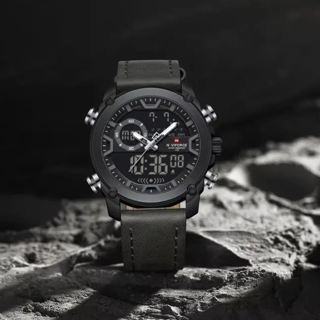 NAVIFORCE Cool Mens Dual Analog Digital Genuine Leather Zinc Alloy 3ATM Waterproof Outdoor Daily Male Alarm Casual Wristwatch