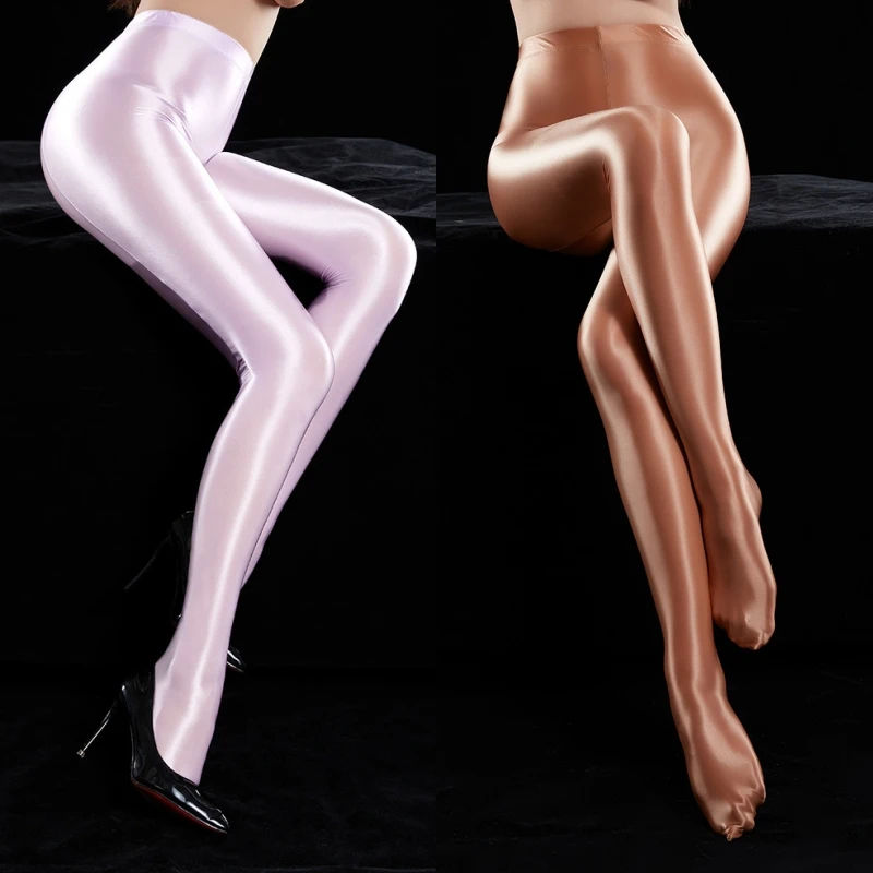 Plus Size Glossy Satin Pantyhose Women Sexy Open Crotch Tights Hot Pole Dance Clubwear Oil Shiny Opaque Fitness Leggings