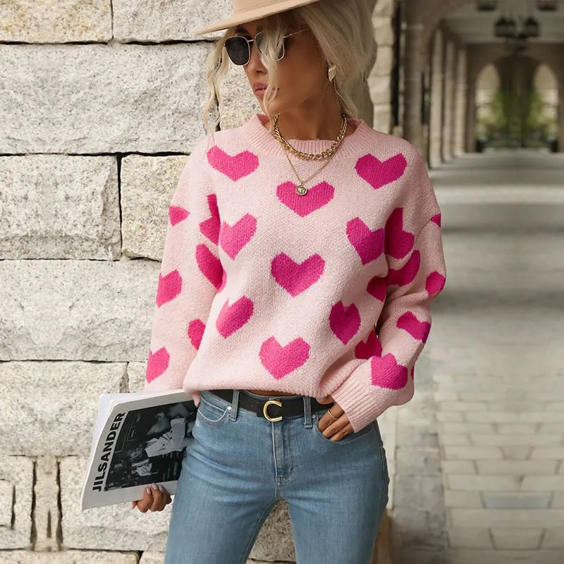

Sweet And Caring Women's Long Sleeved Sweater 2024 Valentine's Day Casual Pink Sweater Round Neck Autumn New Item Ladies Sweater