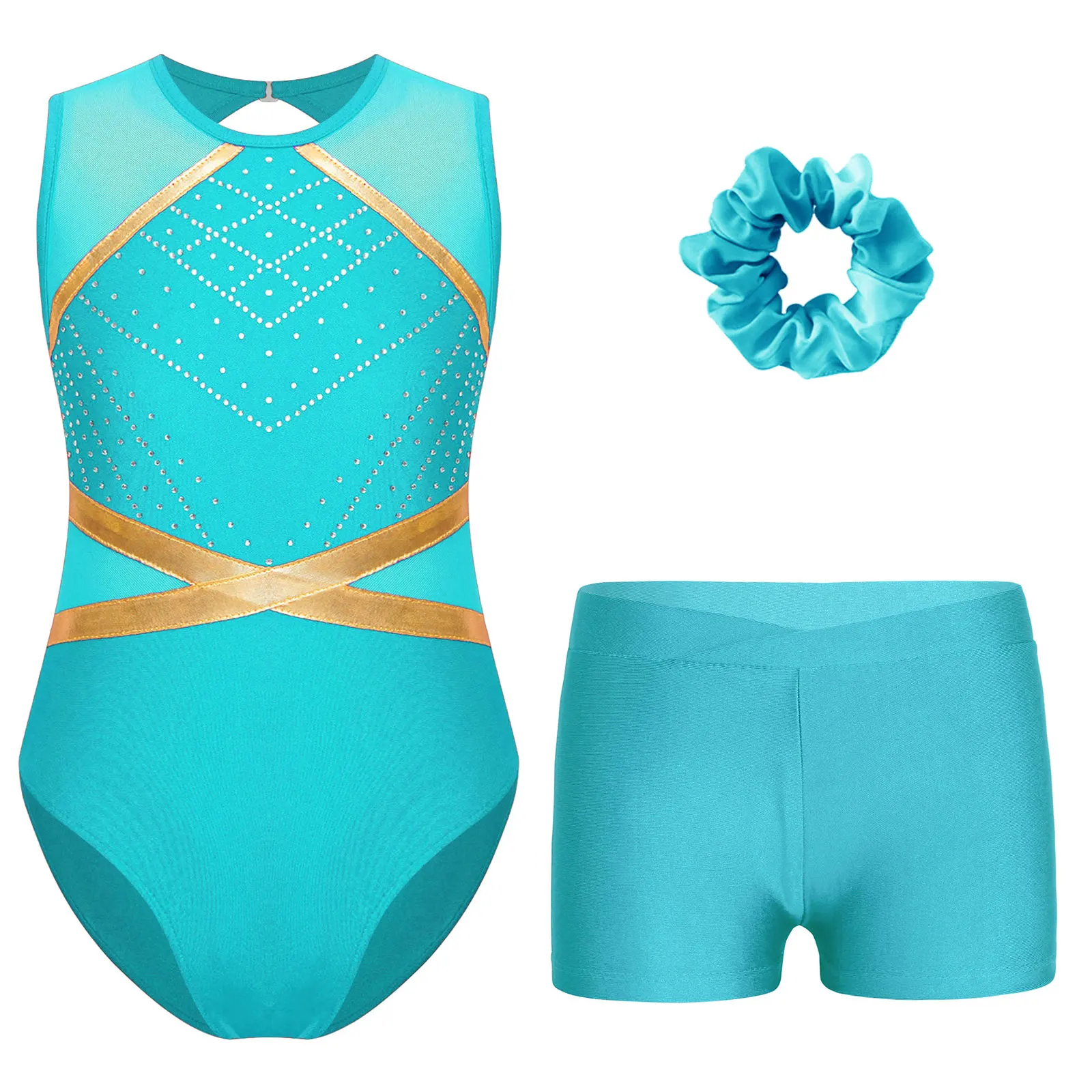 

Kids Girls Gymnastics Glittery Ballet Jersey Figure Skating Tight Fitting Leotard Bodysuit with V-front Shorts Hair Tie Headwear