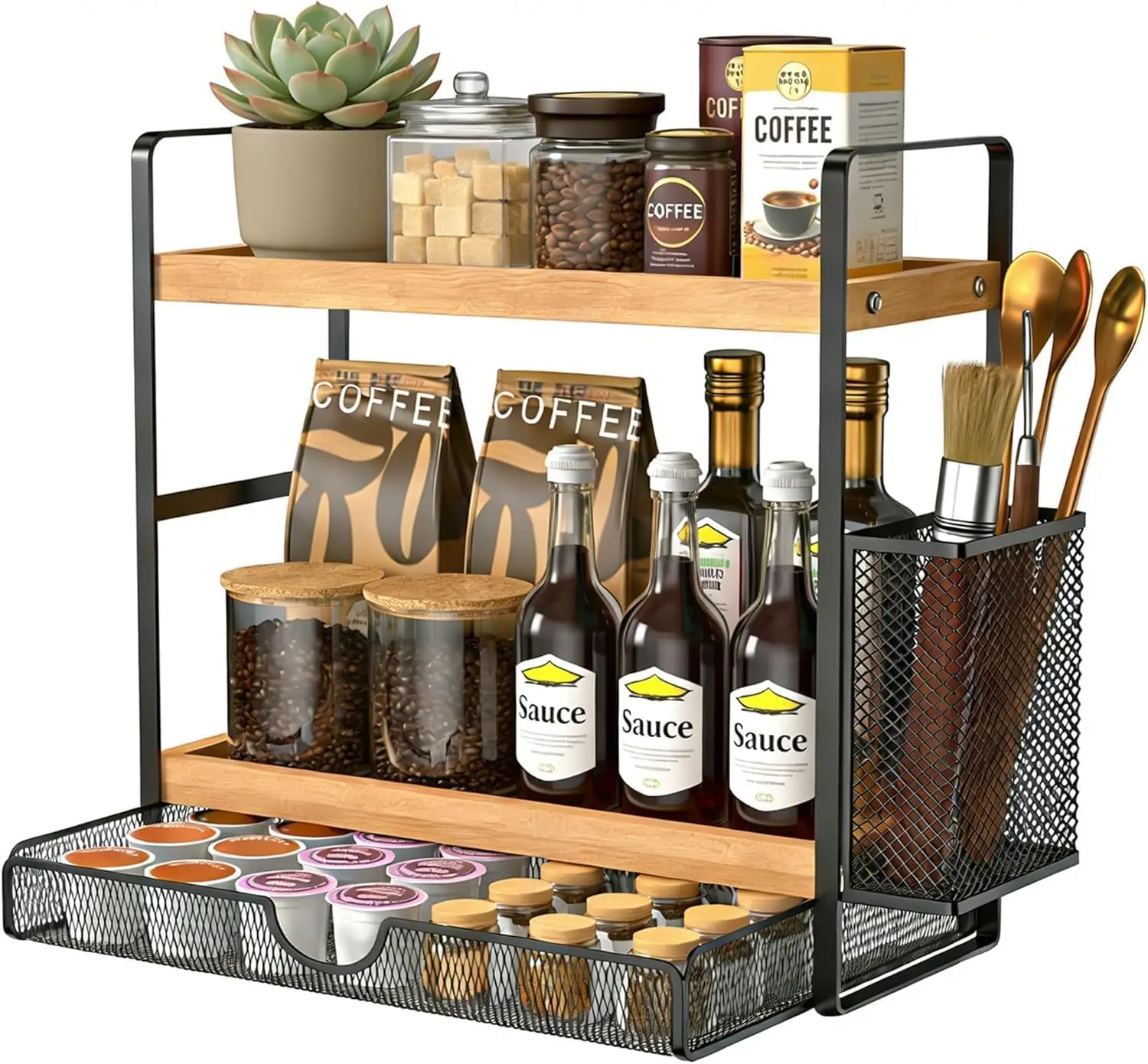 

Двухуровневая подставка для специй с выдвижным ящиком и корзиной для кухонной столешницы, органайзер для кофе, хранение в ванной комнате