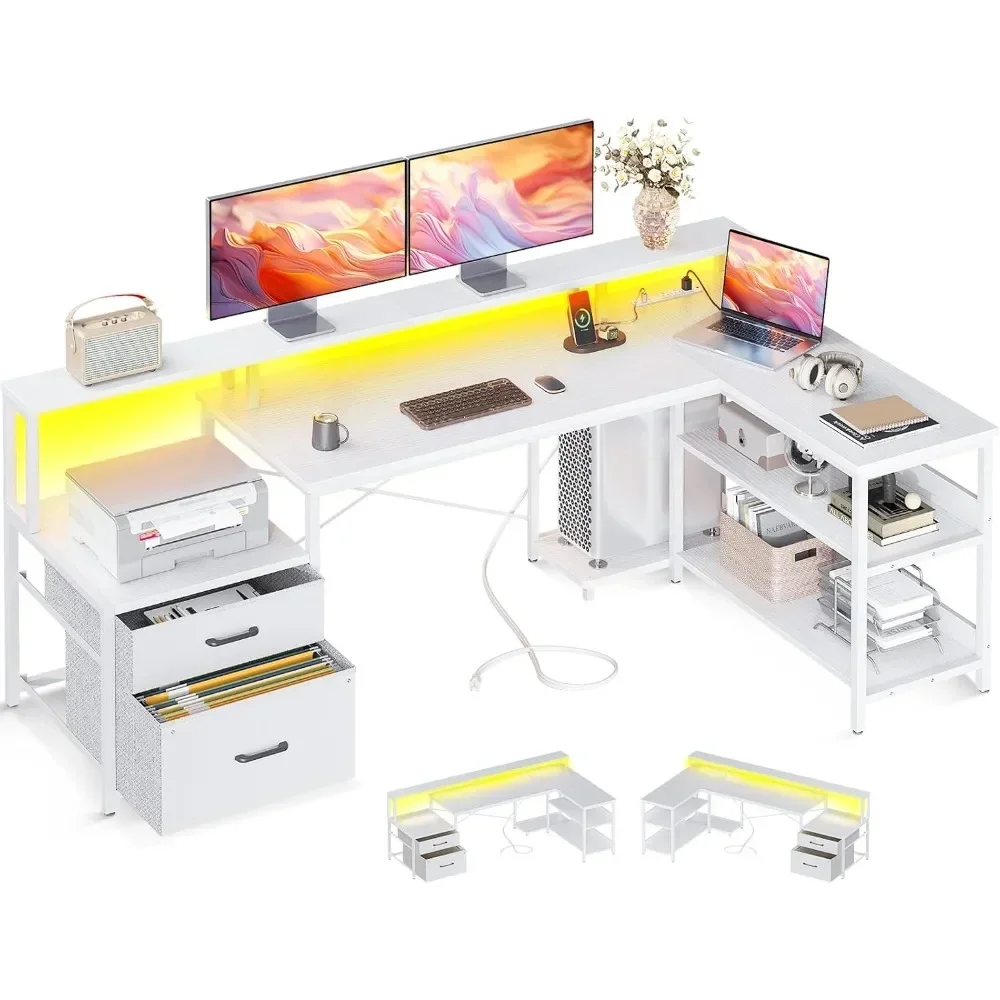 

L Shaped Desk with File Drawer, 66" Reversible L Shaped Computer Desk with Power Outlet & LED Strip, With Storage Shelves