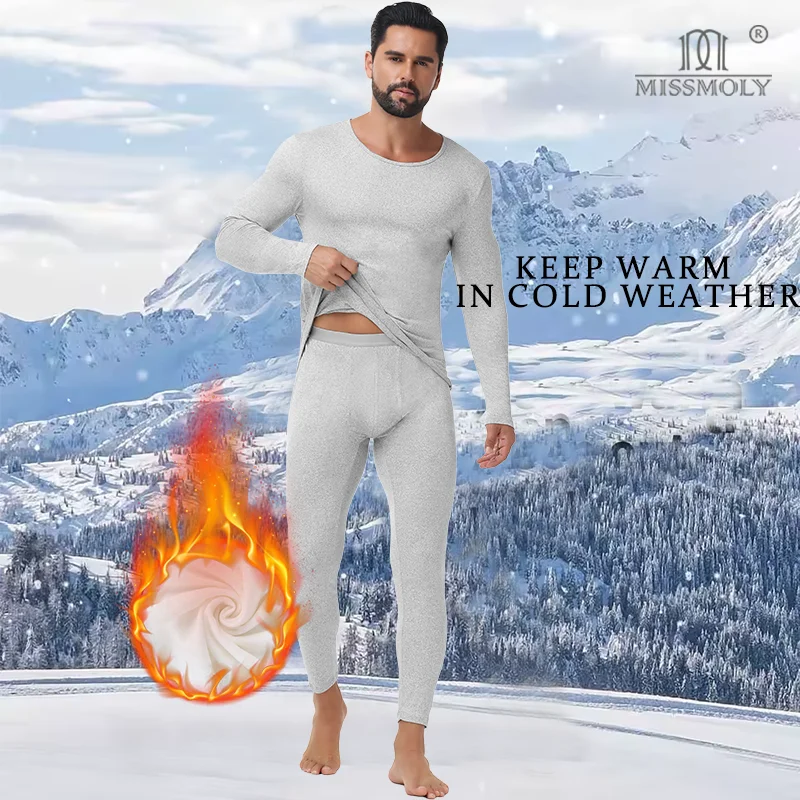 Winter Autumn Men Thermal Underwear Set Warm Long Johns Round Neck Long Sleeve Top Soft Compression Bottom Breathable Base Layer