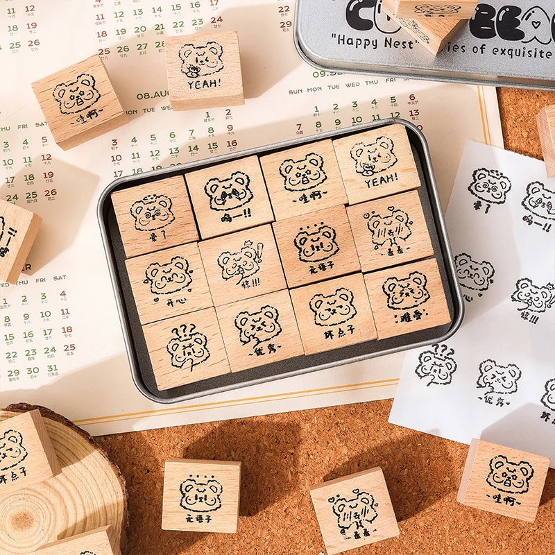 Journal GO 12pcs/set Cute Bear Wood Stamp Set for Card Making Scrapbooking Journals And Crafts Kawaii Bear Standard Stamp