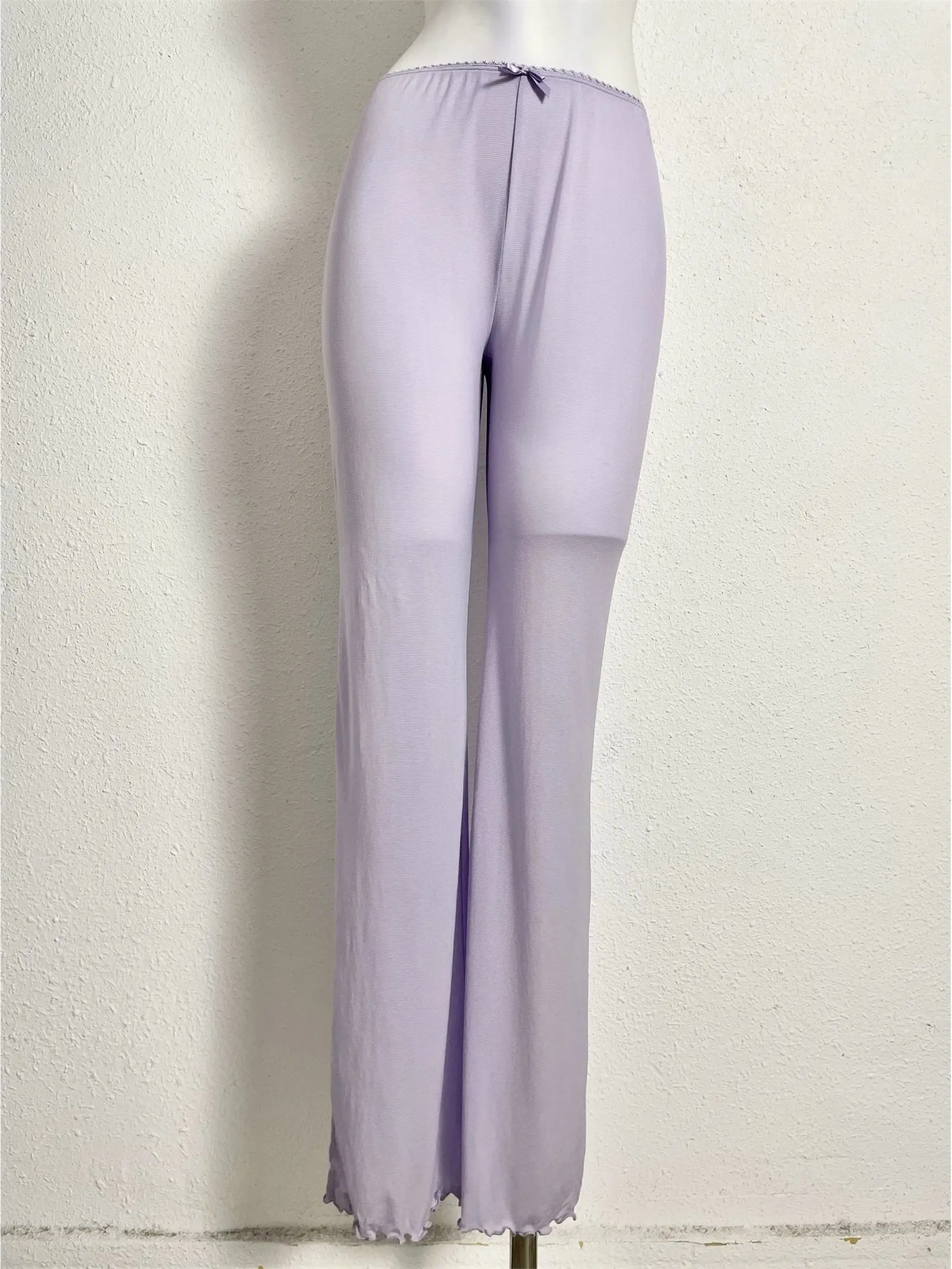 Summer Zipper Crotch Thin See Through Loose Women Flare Leg Pants High Waist Trousers