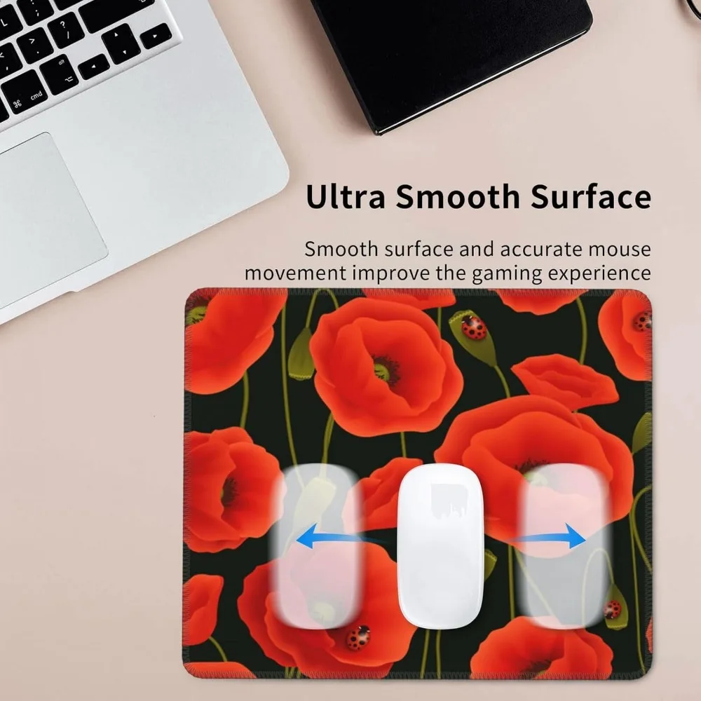 Alfombrilla de ratón para juegos con estampado de flores de amapola de 7x8,6 pulgadas con base de goma antideslizante y bordes cosidos