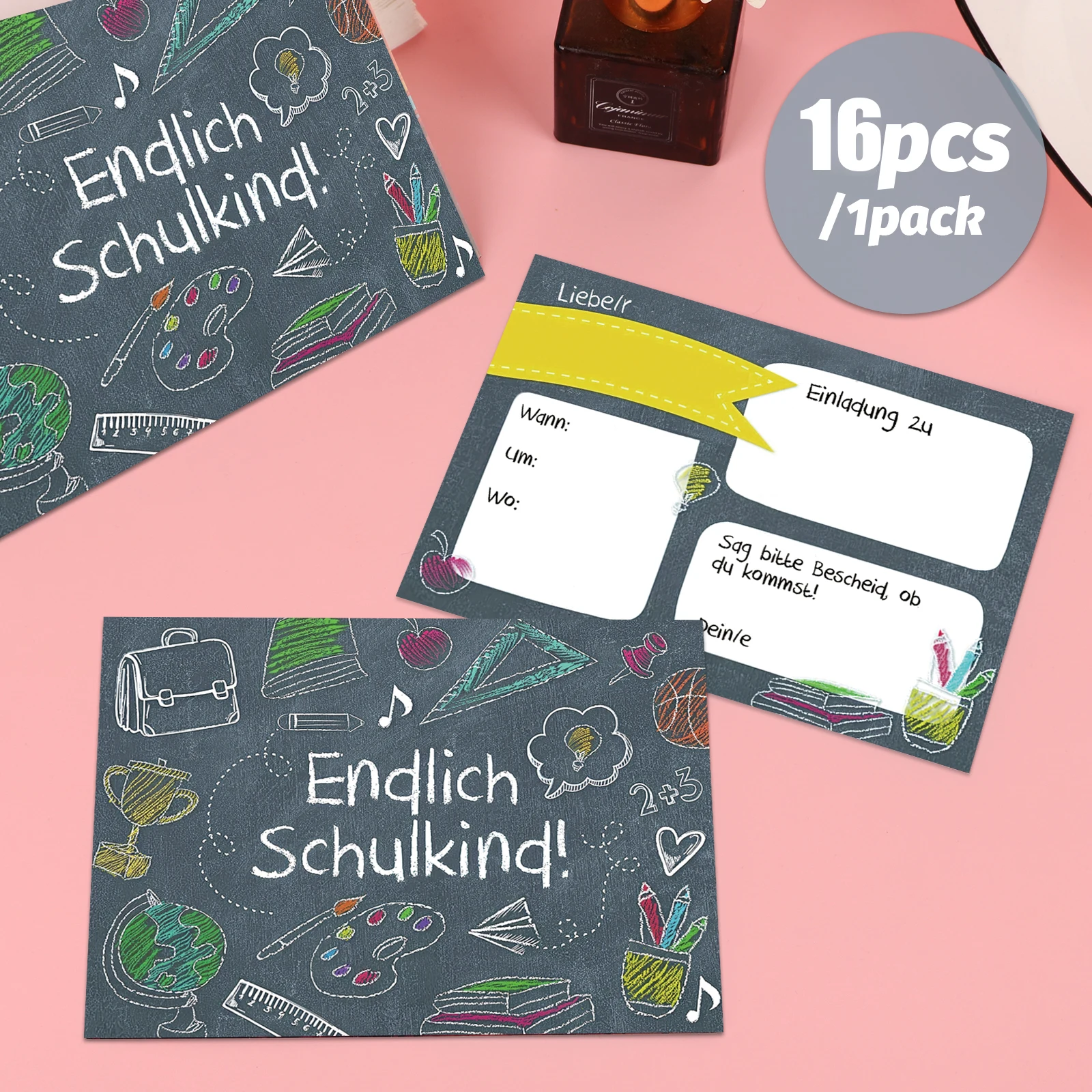 16 قطعة من رسائل دعوة للاستخدام الأول من المدرسة، "سأكون طفلًا مدرسيًا" وغيرها من المواضيع المتصلة بالمدرسة، تشالبو