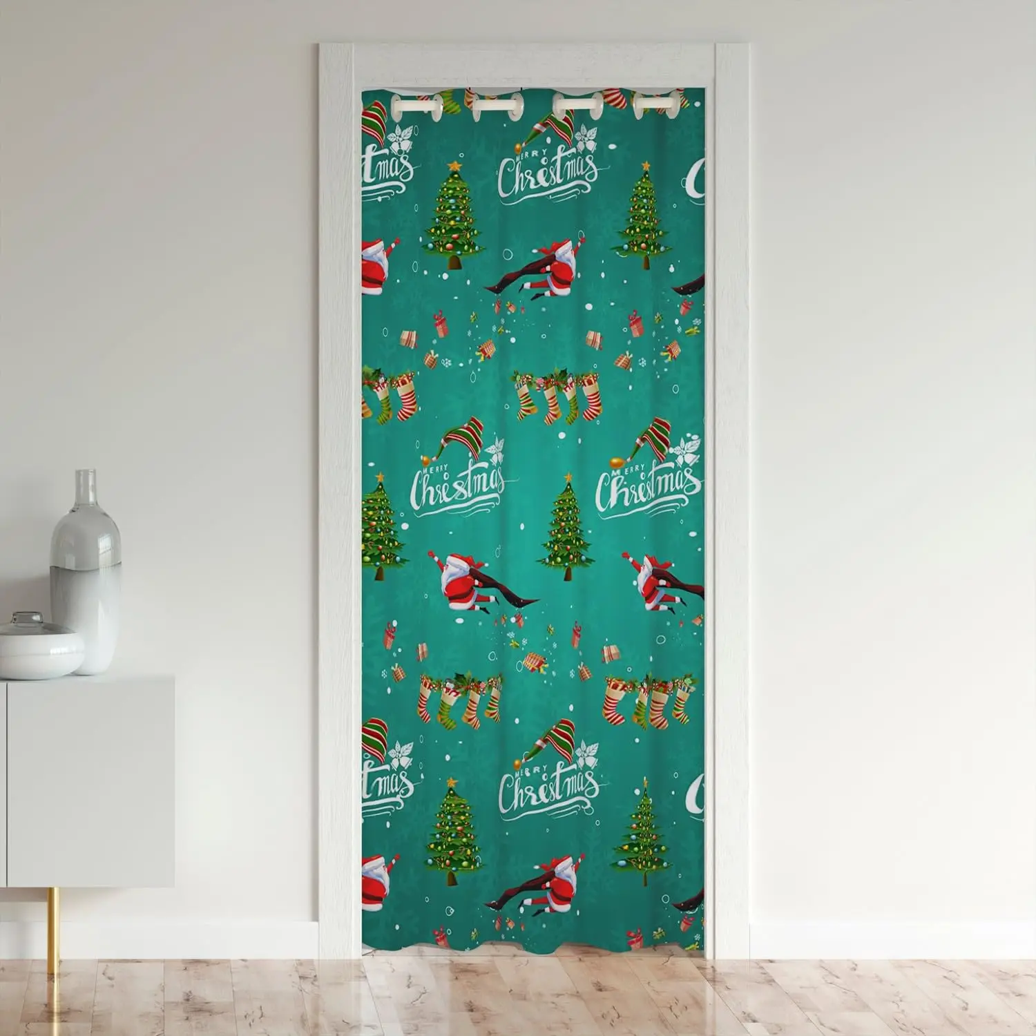 Santa Claus Sock Tree Print Door Curtains Closet Curtain for Bedroom Living Room Sunscreen Window Treatments Christmas Decor