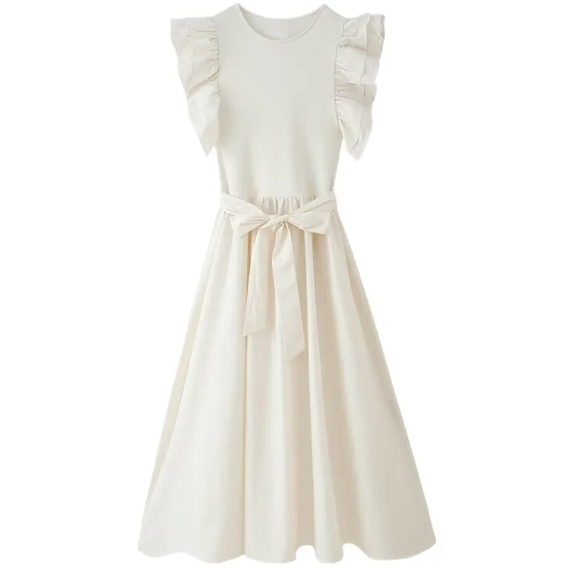 Vestido F Novo de Verão 2025 com Cinto em Camadas, Decote Redondo, Patchwork, Estilo para o Trabalho, Sem Mangas, Peça...