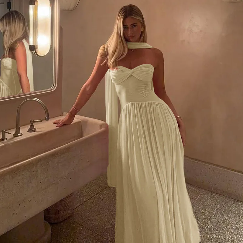 VEITCHE Zomer Vrouwen Sexy Strapless Lange Jurk Vrouwelijke Sexy Door Mesh Lange Gewaad + Halter Sjaal Mujer Hoge Elasticiteit Maxi jurk