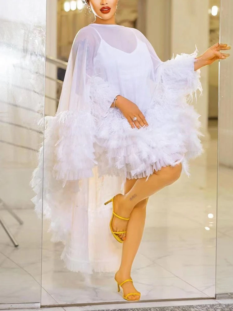 Women Luxury Even Dress White Feathers Ponchos Oversized High Low Tulle Dress with Inner Evening Party Birthday 2 Piece Outfits