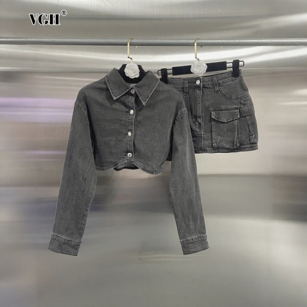 

VGH American Retro Two Piece Set for Women Lapel Long Sleeve Patchwork Button Top High Waist Distressed Denim Skirt Suits Female