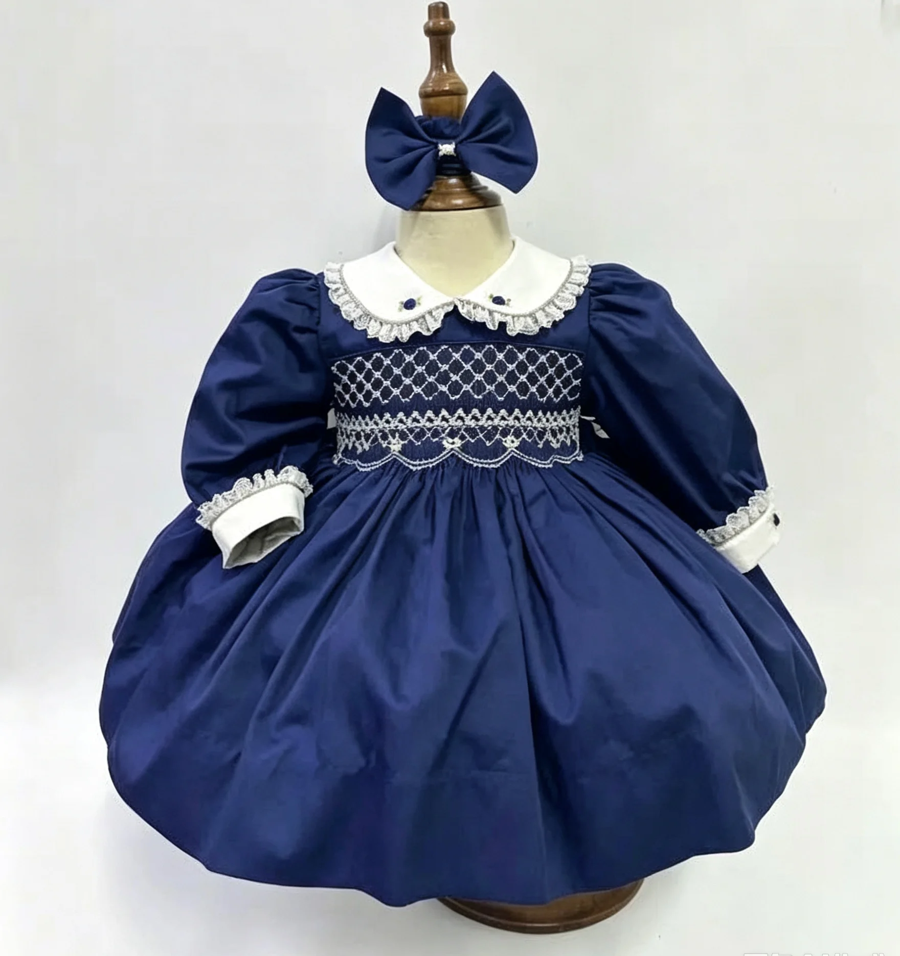 Autumn Baby Girl Hand Smocked Navy Blue Vintage Dress Bubble Romper Set Matching Hair Bow for Birthday Wedding Photography A435